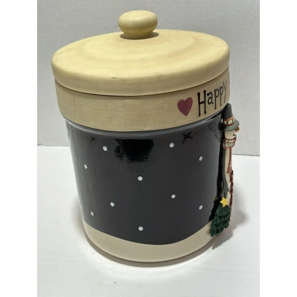 Happy Holidays Snowman Ceramic Canister Navy‎ Blue Christmas Cookie Jar 8.5in